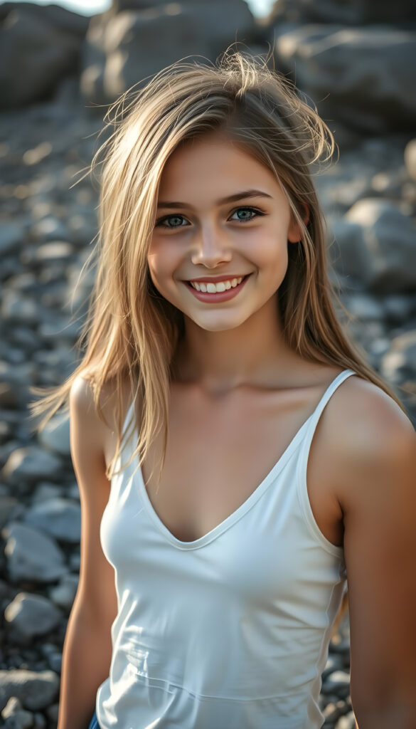 a very happy and cheerful young busty girl, she is in the middle of a grey stony landscape, shoulder long brown hair with blond highlights, warm smile, deep blue eyes, perfect symmetrical round face and haircut, full kissable lips, wears a thin white vest, the vest support her perfect female body, deep v-neck
