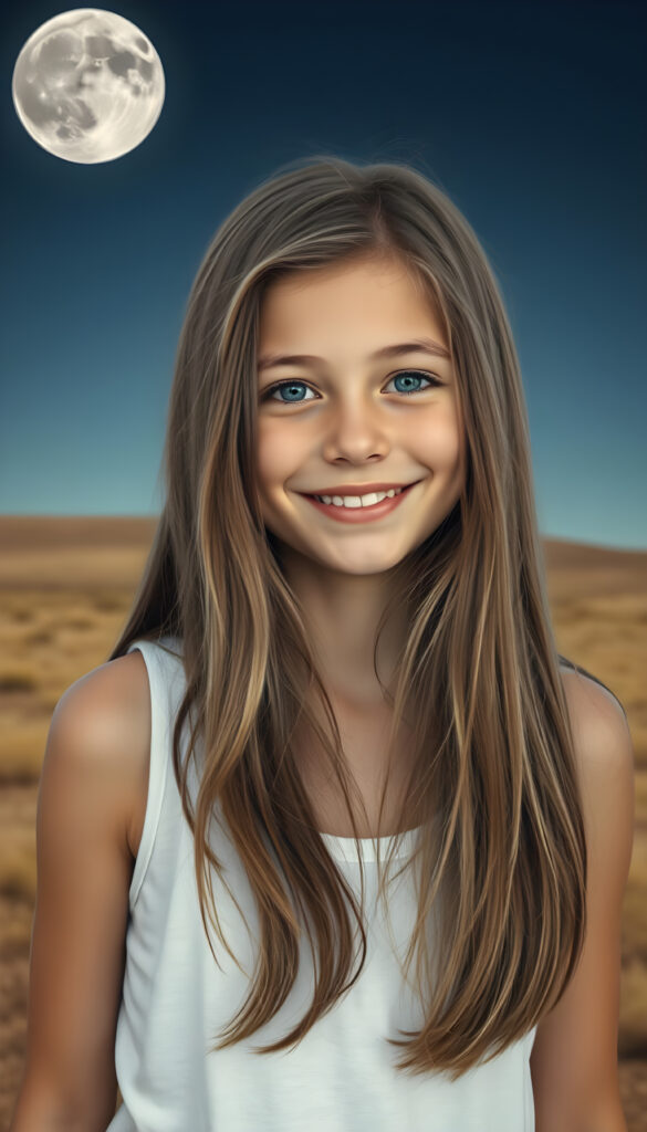 a very happy and cheerful young girl, she is in the middle of a moon-like landscape, long brown hair with blond highlights, warm smile, deep blue eyes, perfect symmetrical round face, full kissable lips, wears a thin white vest, the vest support her perfect female body
