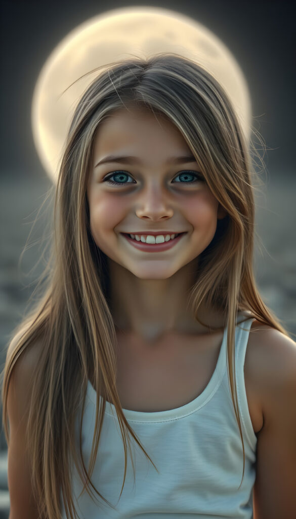 a very happy and cheerful young girl, she is in the middle of a moon-like landscape, long brown hair with blond highlights, warm smile, deep blue eyes, perfect symmetrical round face, full kissable lips, wears a thin white vest, the vest support her perfect female body