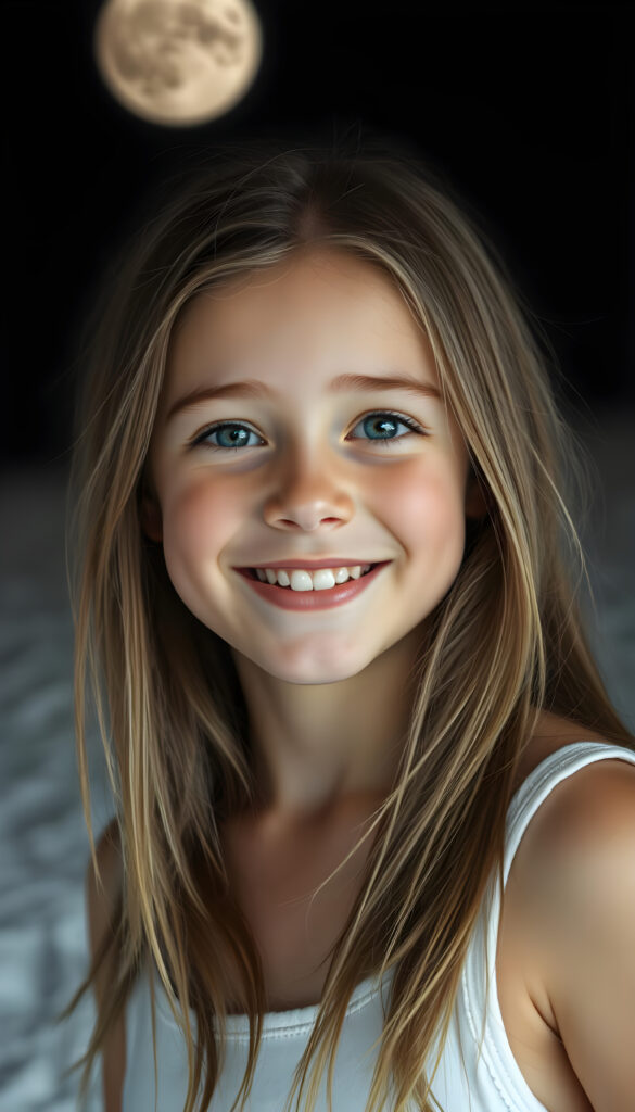 a very happy and cheerful young girl, she is in the middle of a moon-like landscape, long brown hair with blond highlights, warm smile, deep blue eyes, perfect symmetrical round face, full kissable lips, wears a thin white vest, the vest support her perfect female body