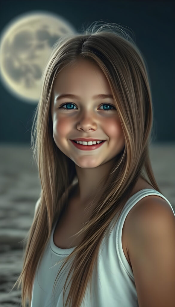 a very happy and cheerful young girl, she is in the middle of a moon-like landscape, long brown hair with blond highlights, warm smile, deep blue eyes, perfect symmetrical round face, full kissable lips, wears a thin white vest, the vest support her perfect female body