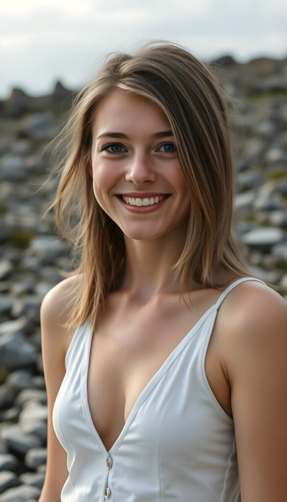 a very happy and cheerful young busty girl, she is in the middle of a grey stony landscape, shoulder long brown hair with blond highlights, warm smile, deep blue eyes, perfect symmetrical round face and haircut, full kissable lips, wears a thin white vest, the vest support her perfect female body, deep v-neck