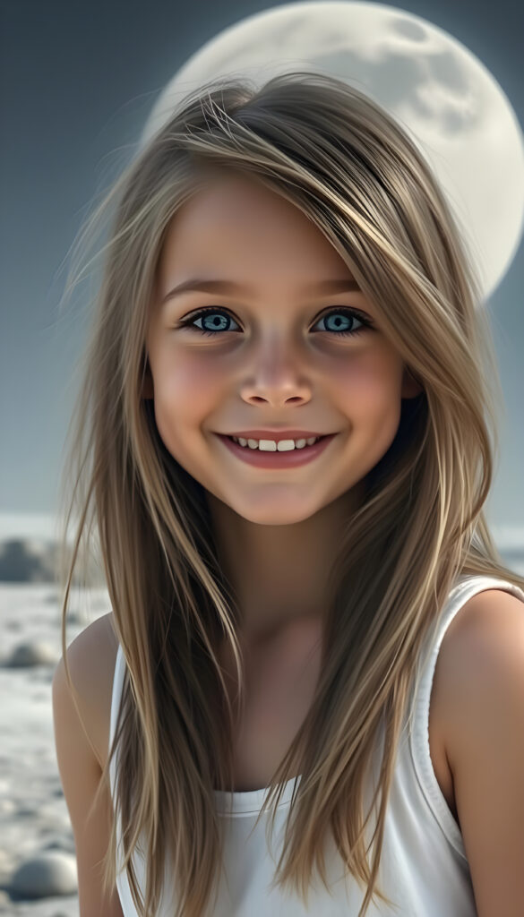 a very happy and cheerful young girl, she is in the middle of a moon-like landscape, long brown hair with blond highlights, warm smile, deep blue eyes, perfect symmetrical round face, full kissable lips, wears a thin white vest, the vest support her perfect female body