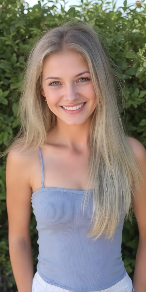a very nice busty girl dressed in a blue tank top, perfect curved body, long straight blond hair, smile, sunny green backdrop, view from the front