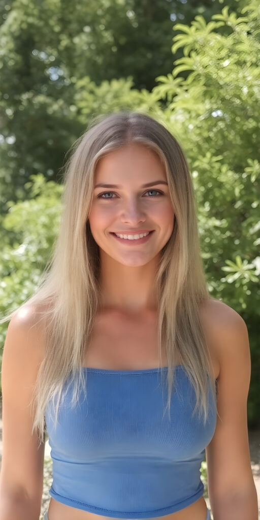 a very nice busty girl dressed in a blue tank top, perfect curved body, long straight blond hair, smile, sunny green backdrop, view from the front