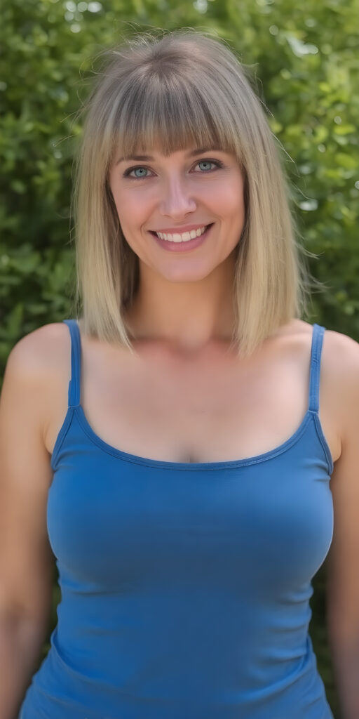 a very nice busty women dressed in a blue tank top, perfect curved body, straight blond hair, bob, bangs, smile, sunny green backdrop, view from the front