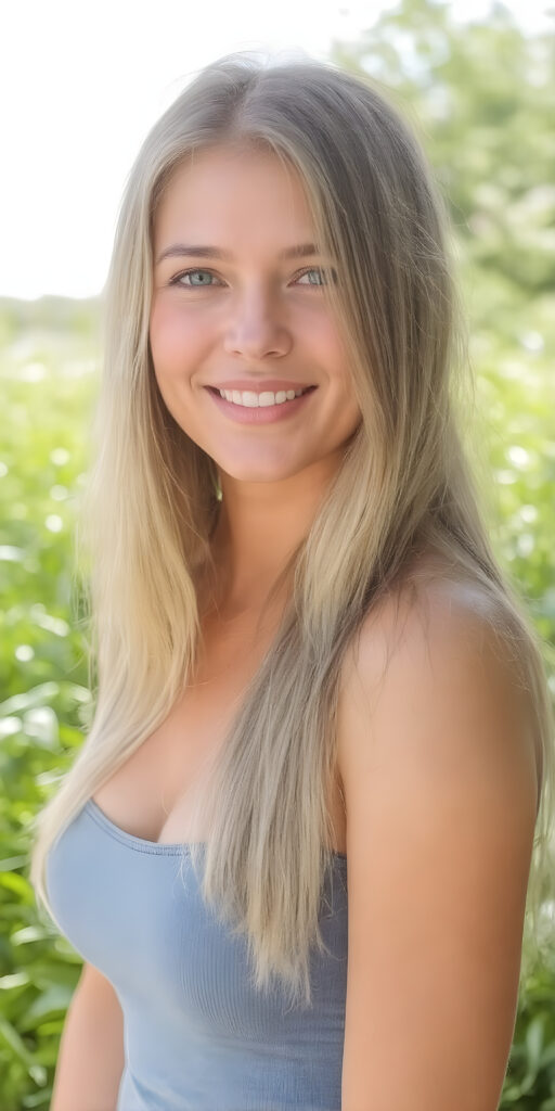 a very nice busty girl dressed in a blue tank top, perfect curved body, long straight blond hair, smile, sunny green backdrop, view from the front