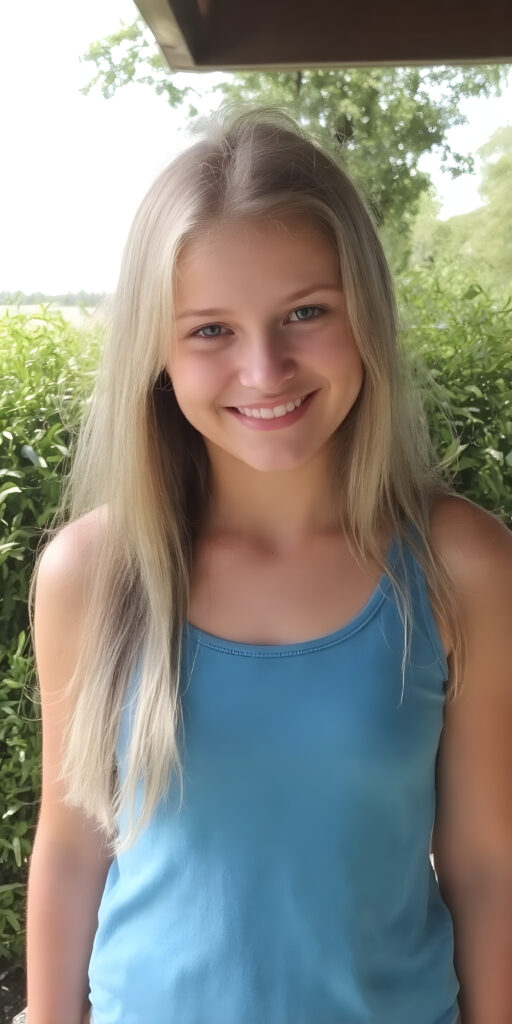 a very nice young girl dressed in a blue tank top, long straight blond hair, smile, sunny green backdrop, view from the front