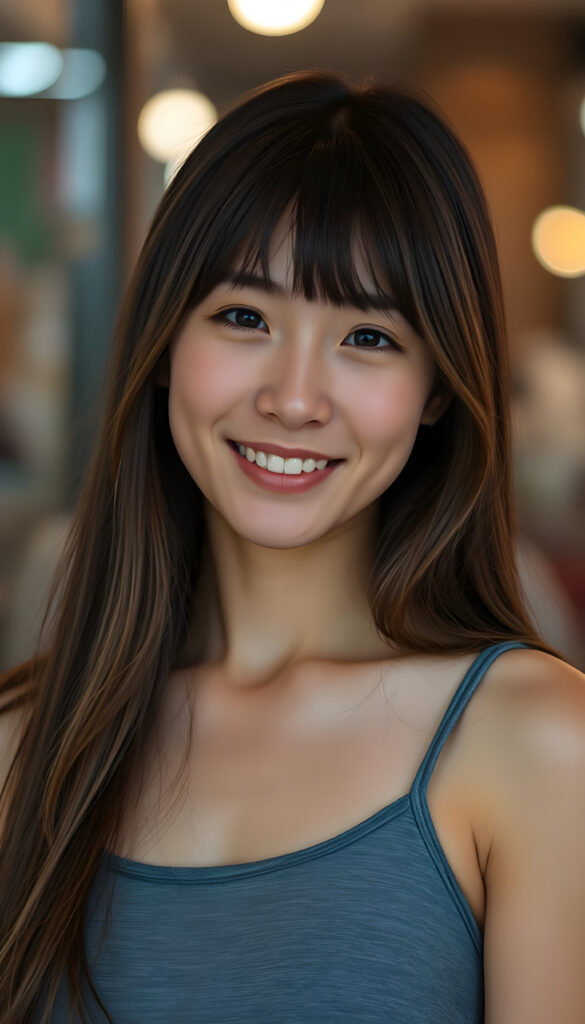 a very nice young Japanese girl, portrait shot, her long hazelnut hair falls over her shoulders, warm smile, she wears a grey tank top, perfect curved body