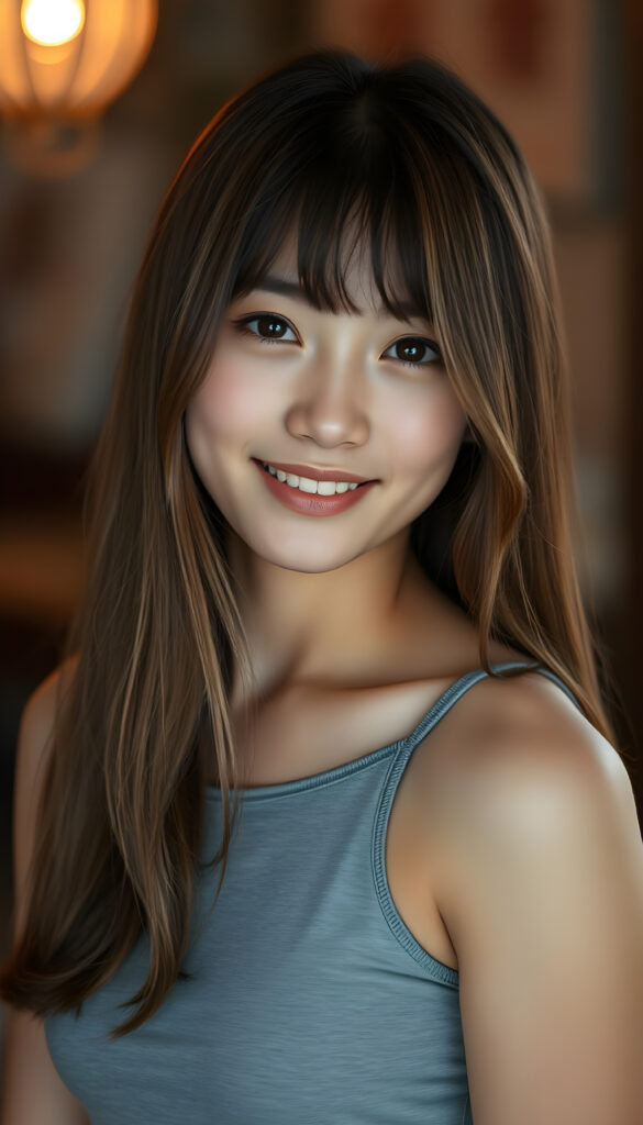 a very nice young Japanese girl, portrait shot, her long hazelnut hair falls over her shoulders, warm smile, she wears a grey tank top, perfect curved body