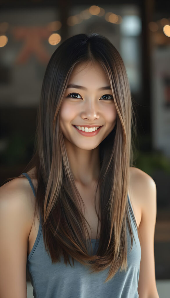 a very nice young Japanese girl, portrait shot, her long hazelnut hair falls over her shoulders, warm smile, she wears a grey tank top, perfect curved body