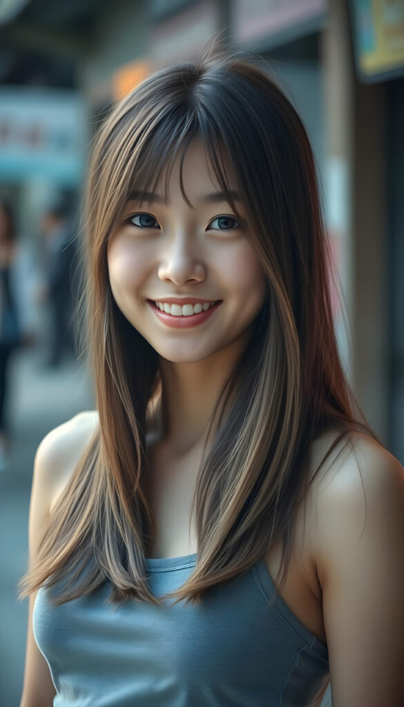 a very nice young Japanese girl, portrait shot, her long hazelnut hair falls over her shoulders, warm smile, she wears a grey tank top, perfect curved body