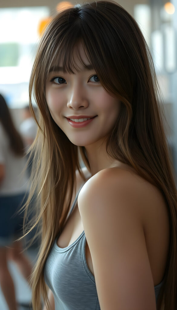 a very nice young Japanese girl, portrait shot, her long hazelnut hair falls over her shoulders, warm smile, she wears a grey tank top, perfect curved body