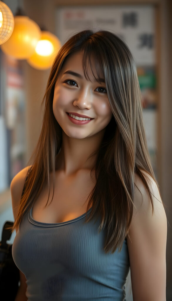 a very nice young Japanese girl, portrait shot, her long hazelnut hair falls over her shoulders, warm smile, she wears a grey tank top, perfect curved body