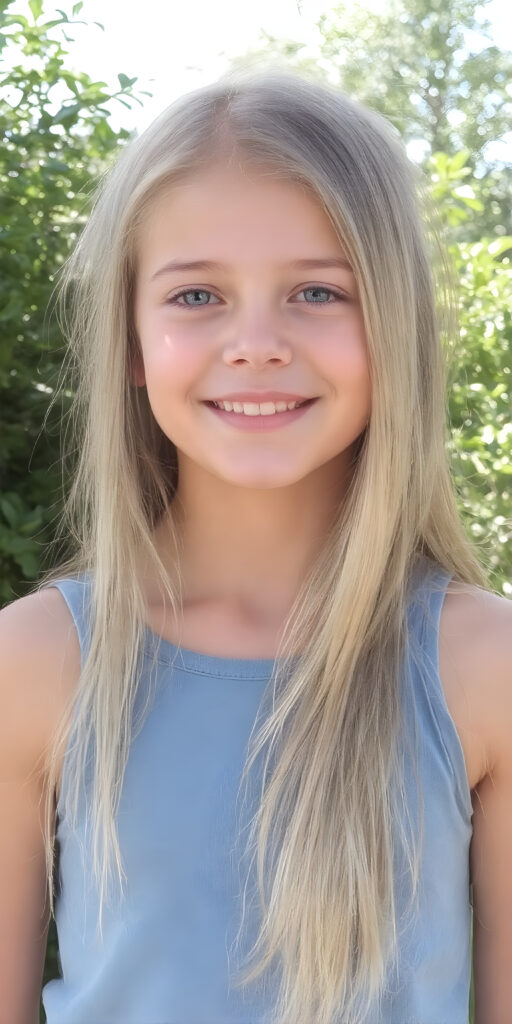 a very nice young girl dressed in a blue tank top, long straight blond hair, smile, sunny green backdrop, view from the front