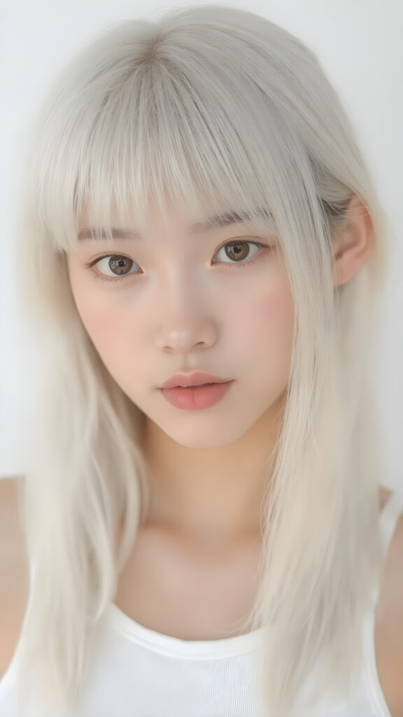 a (((very realistic and beautiful asian teen girl))), age 13, with (((straight, long, white hair))), (((bangs cut))). Her physique is (((perfect and toned)), with (((a lean, athletic upper body))) and (((a gentle, youthful curve at the bottom of her waist))). She's (((looking directly at the camera))). Her (((skin is ((clear) and glowing with a soft, natural tone))) adds to her (((attractive features))). She's (((wearing a (((very short tight (white crop tank top))), ((low-cut)), that highlights her (((perfectly proportioned figure))) and gives her a (((full-body shot))) with a (((beautifully detailed, realistic complexion))) and (((realistically drawn hands))) that match perfectly with her (((straight, long, white hair))) and (((perfectly drawn lips))) (((8k, Ultra High Definition, intricate details)))