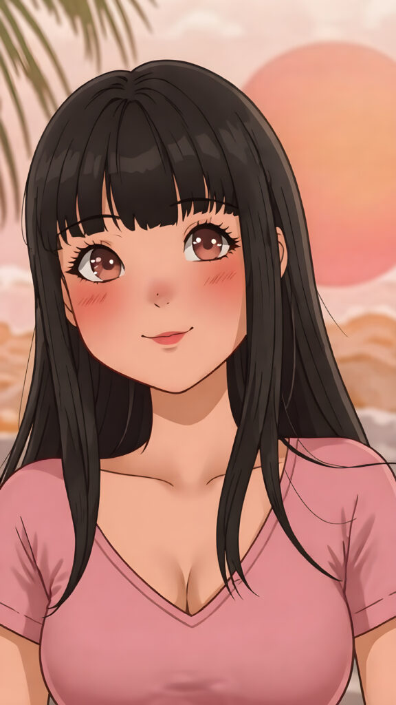 a (((very young, petite and cute busty teen e-girl))), with ((long, jet black hair, straight and smooth hair, with bangs)), that softly floats in the air and cascades down her back in a sleek, sexy and sophisticated ((pink mini low-cut v-neck T-shirt)) with a sheer, shimmering and alluring finish. Her cheeks are rosy with happiness, her eyes sparkle like emeralds, giving off an innocent yet playful vibe. The scene exudes a youthful, happy and sexy atmosphere, perfect for a summer day with a special emphasis on the sensual power of a warm, inviting sun