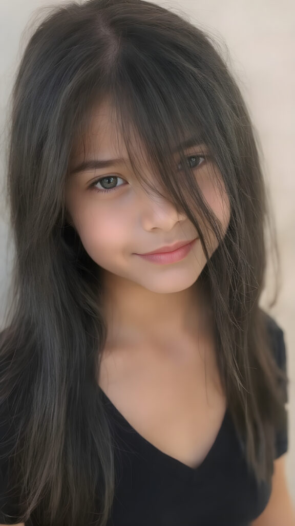 a (((very young, petite and cute teen girl))), with ((super long, jet black hair, straight and smooth hair, with no bangs or fringe))), that softly floats in the air and cascades down her back in a sleek, sexy and sophisticated ((black mini low-cut v-neck T-shirt)) with a sheer, shimmering and alluring finish. Her cheeks are rosy with happiness, her eyes sparkle like emeralds, giving off an innocent yet playful vibe. The scene exudes a youthful, happy and sexy atmosphere, perfect for a summer day with a special emphasis on the sensual power of a warm, inviting sun