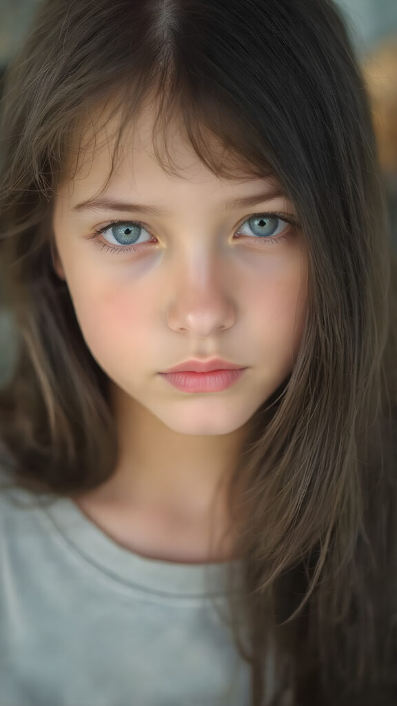 a (((very young, petite and cute teen girl))), with ((super long, jet black hair, straight and smooth soft hair, detailed face, super realistic blue eyes, centered portrait, full face