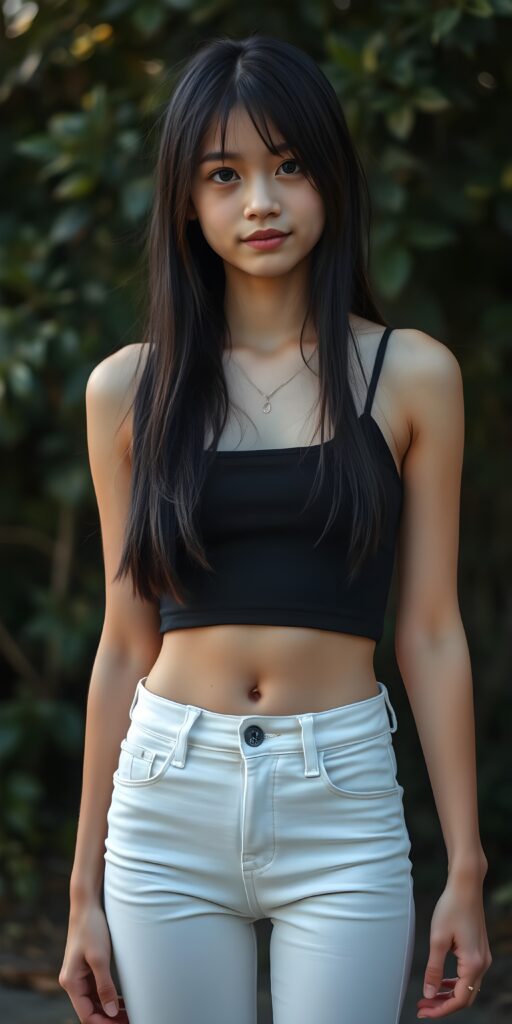 a (((very young, slim teen girl))), with long, straight black hair and light brown highlights to her hip, and a delicate, ((thin and toned body)), adorned with sleek, (((white skinny jeans))), paired with a (((black sleeveless thin strap cropped spaghetti top))), that accentuates her slender figure. Her face is (((pale and flawless))), with (((bright white skin))), rosy cheeks and (((natural looking eyes))). She is exuding an air of youthful confidence and (natural beauty). (((Full body view))) of her looking happy and playful, set against a natural and (high-resolution) backdrop, showcasing her full figure and (((straight and toned legs))) that are distinctly visible, she stands in front of the viewer