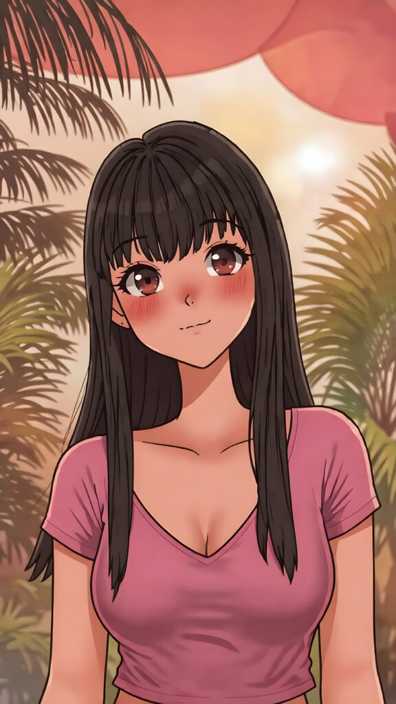 a (((very young, petite and cute busty teen e-girl))), with ((long, jet black hair, straight and smooth hair, with bangs)), that softly floats in the air and cascades down her back in a sleek, sexy and sophisticated ((pink mini low-cut v-neck T-shirt)) with a sheer, shimmering and alluring finish. Her cheeks are rosy with happiness, her eyes sparkle like emeralds, giving off an innocent yet playful vibe. The scene exudes a youthful, happy and sexy atmosphere, perfect for a summer day with a special emphasis on the sensual power of a warm, inviting sun