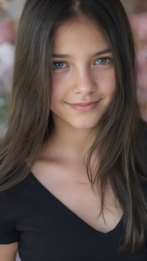 a (((very young, petite and cute teen girl))), with ((super long, jet black hair, straight and smooth hair, with no bangs or fringe))), that softly floats in the air and cascades down her back in a sleek, sexy and sophisticated ((black mini low-cut v-neck T-shirt)) with a sheer, shimmering and alluring finish. Her cheeks are rosy with happiness, her eyes sparkle like emeralds, giving off an innocent yet playful vibe. The scene exudes a youthful, happy and sexy atmosphere, perfect for a summer day with a special emphasis on the sensual power of a warm, inviting sun