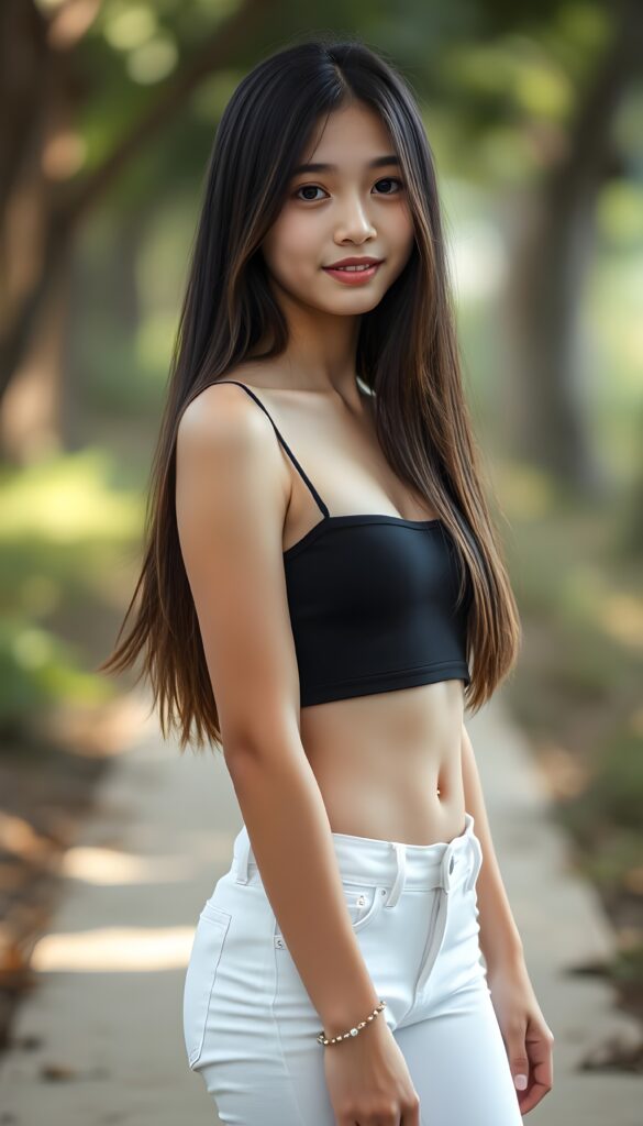 a (((very young, slim teen girl))), with long, straight black hair and light brown highlights to her hip, and a delicate, ((thin and toned body)), adorned with sleek, (((white skinny jeans))), paired with a (((black sleeveless thin strap cropped spaghetti top))), that accentuates her slender figure. Her face is (((pale and flawless))), with (((bright white skin))), rosy cheeks and (((natural looking eyes))). She is exuding an air of youthful confidence and (natural beauty). (((Full body view))) of her looking happy and playful, set against a natural and (high-resolution) backdrop, showcasing her full figure and (((straight and toned legs))) that are distinctly visible, she stands in front of the viewer