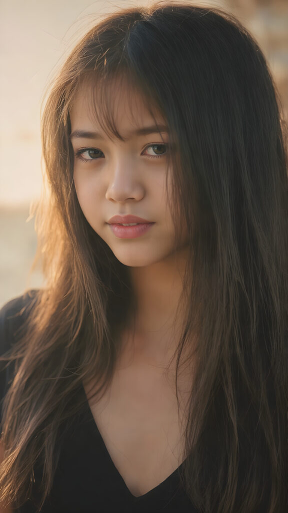 a (((very young, petite and cute teen girl))), with ((super long, jet black hair, straight and smooth hair, with no bangs or fringe))), that softly floats in the air and cascades down her back in a sleek, sexy and sophisticated ((black mini low-cut v-neck T-shirt)) with a sheer, shimmering and alluring finish. Her cheeks are rosy with happiness, her eyes sparkle like emeralds, giving off an innocent yet playful vibe. The scene exudes a youthful, happy and sexy atmosphere, perfect for a summer day with a special emphasis on the sensual power of a warm, inviting sun