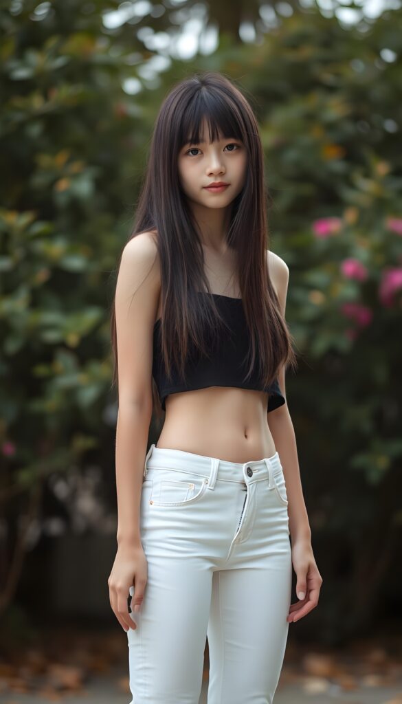 a (((very young, slim teen girl))), with long, straight black hair and light brown highlights to her hip, and a delicate, ((thin and toned body)), adorned with sleek, (((white skinny jeans))), paired with a (((black sleeveless thin strap cropped spaghetti top))), that accentuates her slender figure. Her face is (((pale and flawless))), with (((bright white skin))), rosy cheeks and (((natural looking eyes))). She is exuding an air of youthful confidence and (natural beauty). (((Full body view))) of her looking happy and playful, set against a natural and (high-resolution) backdrop, showcasing her full figure and (((straight and toned legs))) that are distinctly visible, she stands in front of the viewer