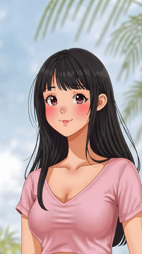 a (((very young, petite and cute busty teen e-girl))), with ((long, jet black hair, straight and smooth hair, with bangs)), that softly floats in the air and cascades down her back in a sleek, sexy and sophisticated ((pink mini low-cut v-neck T-shirt)) with a sheer, shimmering and alluring finish. Her cheeks are rosy with happiness, her eyes sparkle like emeralds, giving off an innocent yet playful vibe. The scene exudes a youthful, happy and sexy atmosphere, perfect for a summer day with a special emphasis on the sensual power of a warm, inviting sun