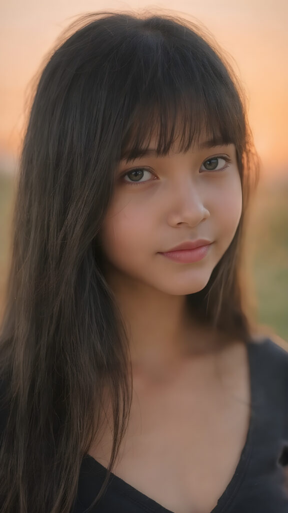 a (((very young, petite and cute teen girl))), with ((super long, jet black hair, straight and smooth hair, with no bangs or fringe))), that softly floats in the air and cascades down her back in a sleek, sexy and sophisticated ((black mini low-cut v-neck T-shirt)) with a sheer, shimmering and alluring finish. Her cheeks are rosy with happiness, her eyes sparkle like emeralds, giving off an innocent yet playful vibe. The scene exudes a youthful, happy and sexy atmosphere, perfect for a summer day with a special emphasis on the sensual power of a warm, inviting sun