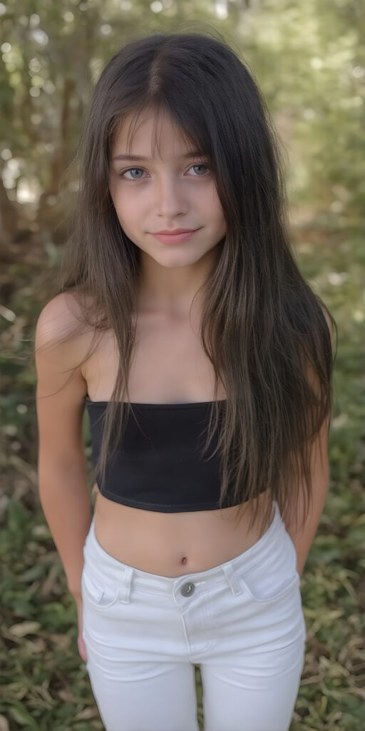 a (((very young, slim and cute teen girl))), with long, straight black hair, and a delicate, (((thin and toned body)), adorned with sleek, (((white and silver skinny jeans))), paired with a cropped top in a (((black sleeveless thin strap crop top))), that accentuates her slender figure. Her face is (((pale and flawless))), with (((bright white skin))), rosy cheeks and (((natural looking eyes))). She is exuding an air of youthful confidence and (natural beauty). (((Full body view))) of her looking happy and playful, set against a natural and (high-resolution) backdrop, showcasing her full figure and (((straight and toned legs))) that are distinctly visible, she stands in front of the viewer