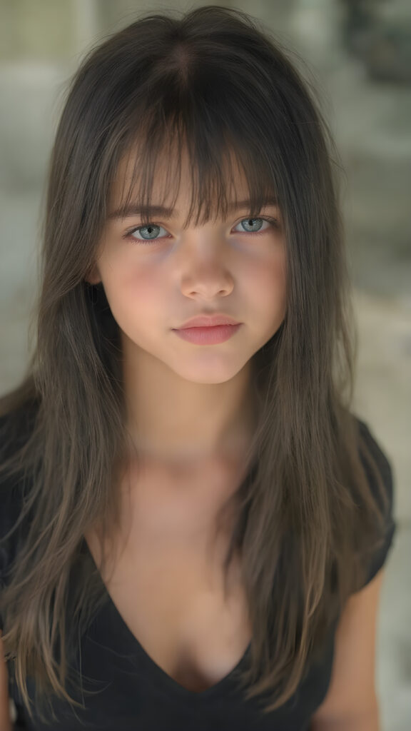 a (((very young, petite and cute teen girl))), with ((super long, jet black hair, straight and smooth hair, with no bangs or fringe))), that softly floats in the air and cascades down her back in a sleek, sexy and sophisticated ((black mini low-cut v-neck T-shirt)) with a sheer, shimmering and alluring finish. Her cheeks are rosy with happiness, her eyes sparkle like emeralds, giving off an innocent yet playful vibe. The scene exudes a youthful, happy and sexy atmosphere, perfect for a summer day with a special emphasis on the sensual power of a warm, inviting sun