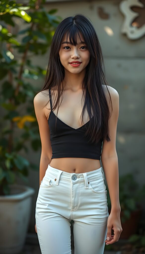 a (((very young, slim teen girl))), with long, straight black hair and light brown highlights to her hip, and a delicate, ((thin and toned body)), adorned with sleek, (((white skinny jeans))), paired with a (((black sleeveless thin strap cropped spaghetti top))), that accentuates her slender figure. Her face is (((pale and flawless))), with (((bright white skin))), rosy cheeks and (((natural looking eyes))). She is exuding an air of youthful confidence and (natural beauty). (((Full body view))) of her looking happy and playful, set against a natural and (high-resolution) backdrop, showcasing her full figure and (((straight and toned legs))) that are distinctly visible, she stands in front of the viewer