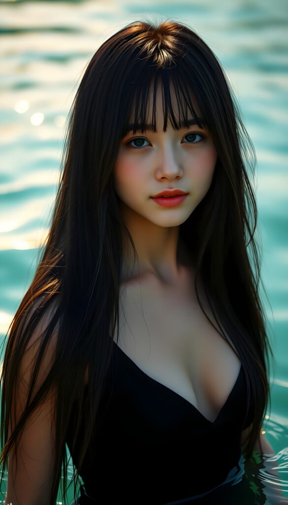 a (((very young, petite and cute teen girl))), with ((super long, jet black hair, straight and smooth hair, with no bangs or fringe))), that softly floats in the air and cascades down her back in a sleek, sexy and sophisticated ((black mini low-cut v-neck T-shirt)) with a sheer, shimmering and alluring finish. Her cheeks are rosy with happiness, her eyes sparkle like emeralds, giving off an innocent yet playful vibe. The scene exudes a youthful, happy and sexy atmosphere and she is standing waist-deep in crystal clear water., perfect for a summer day with a special emphasis on the sensual power of a warm, inviting sun