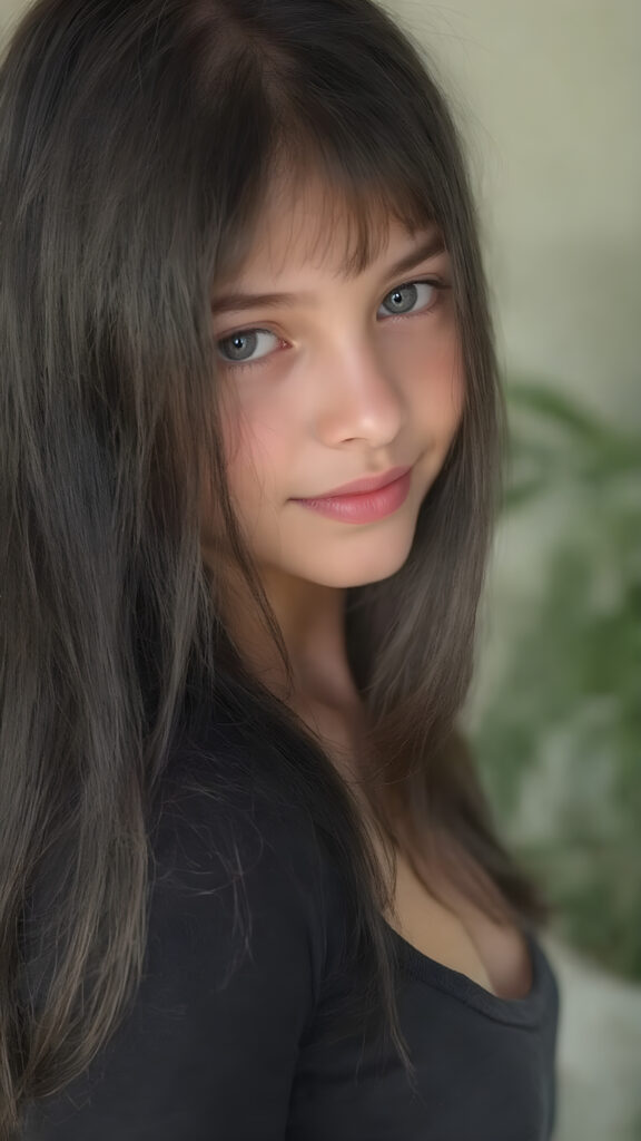 a (((very young, petite and cute teen girl))), with ((super long, jet black hair, straight and smooth hair, with no bangs or fringe))), that softly floats in the air and cascades down her back in a sleek, sexy and sophisticated ((black mini low-cut v-neck T-shirt)) with a sheer, shimmering and alluring finish. Her cheeks are rosy with happiness, her eyes sparkle like emeralds, giving off an innocent yet playful vibe. The scene exudes a youthful, happy and sexy atmosphere, perfect for a summer day with a special emphasis on the sensual power of a warm, inviting sun