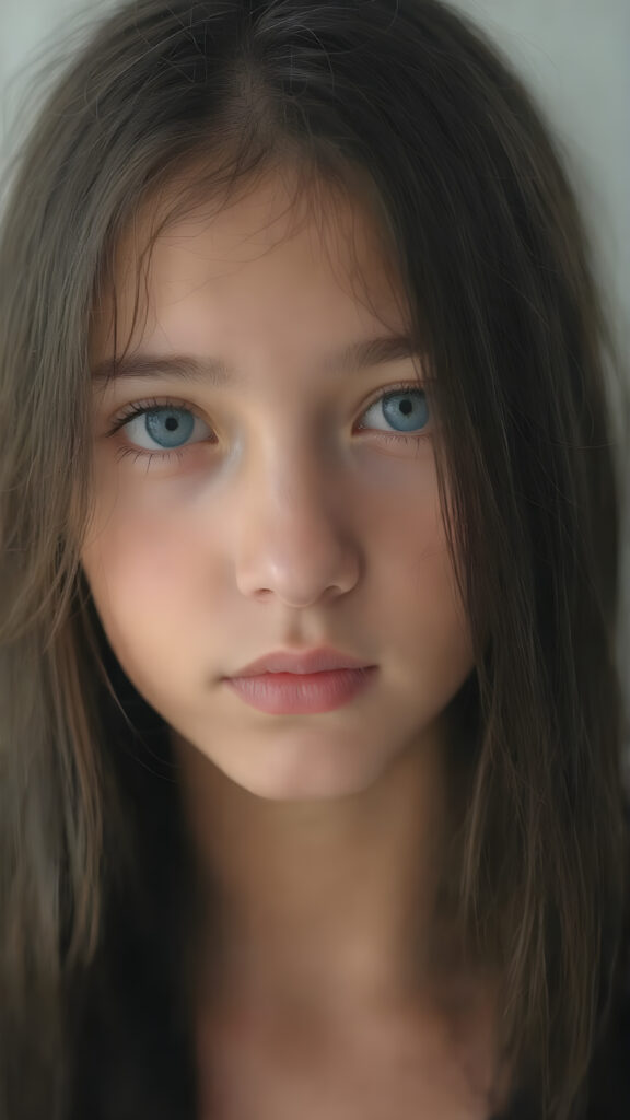 a (((very young, petite and cute teen girl))), with ((super long, jet black hair, straight and smooth soft hair, detailed face, super realistic blue eyes, centered portrait, full face