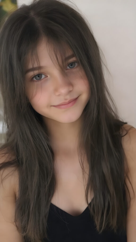 a (((very young, petite and cute teen girl))), with ((super long, jet black hair, straight and smooth hair, with no bangs or fringe))), that softly floats in the air and cascades down her back in a sleek, sexy and sophisticated ((black mini low-cut v-neck T-shirt)) with a sheer, shimmering and alluring finish. Her cheeks are rosy with happiness, her eyes sparkle like emeralds, giving off an innocent yet playful vibe. The scene exudes a youthful, happy and sexy atmosphere, perfect for a summer day with a special emphasis on the sensual power of a warm, inviting sun