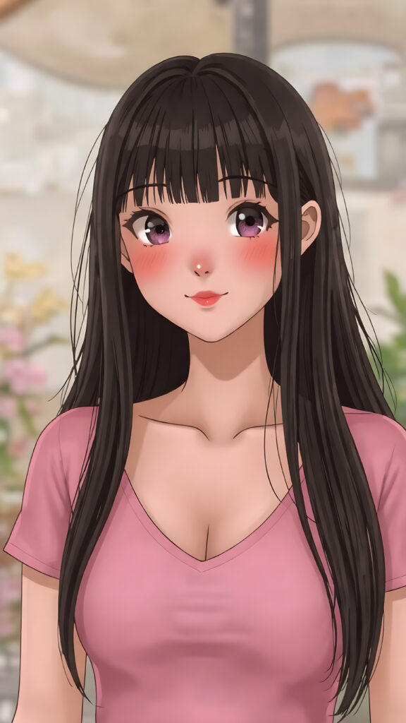 a (((very young, petite and cute busty teen e-girl))), with ((long, jet black hair, straight and smooth hair, with bangs)), that softly floats in the air and cascades down her back in a sleek, sexy and sophisticated ((pink mini low-cut v-neck T-shirt)) with a sheer, shimmering and alluring finish. Her cheeks are rosy with happiness, her eyes sparkle like emeralds, giving off an innocent yet playful vibe. The scene exudes a youthful, happy and sexy atmosphere, perfect for a summer day with a special emphasis on the sensual power of a warm, inviting sun