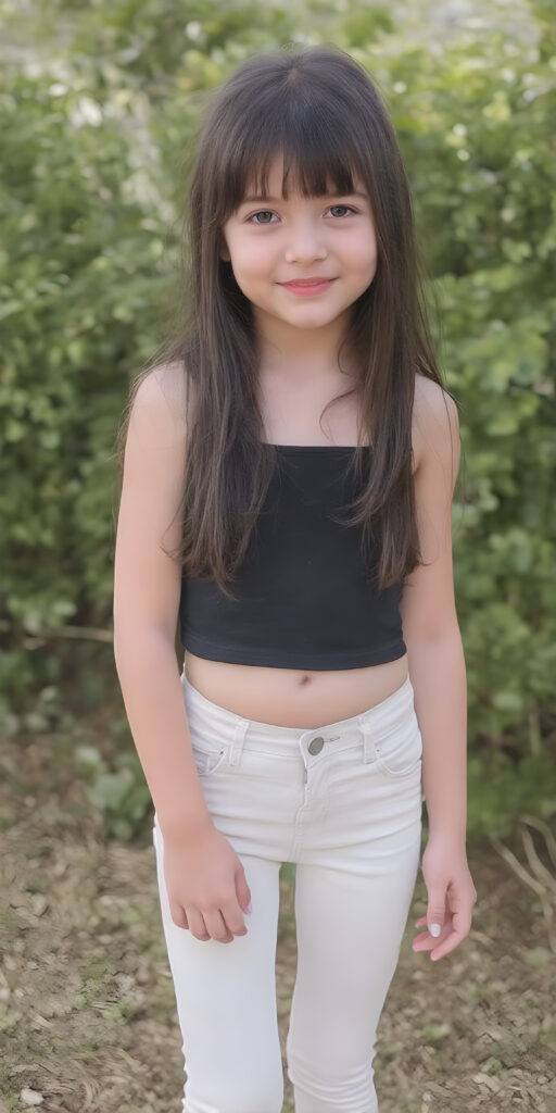 a (((very young, slim and cute teen girl))), with long, straight black hair, and a delicate, (((thin and toned body)), adorned with sleek, (((white and silver skinny jeans))), paired with a cropped top in a (((black sleeveless thin strap crop top))), that accentuates her slender figure. Her face is (((pale and flawless))), with (((bright white skin))), rosy cheeks and (((natural looking eyes))). She is exuding an air of youthful confidence and (natural beauty). (((Full body view))) of her looking happy and playful, set against a natural and (high-resolution) backdrop, showcasing her full figure and (((straight and toned legs))) that are distinctly visible, she stands in front of the viewer