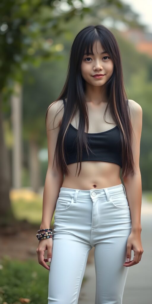 a (((very young, slim teen girl))), with long, straight black hair and light brown highlights to her hip, and a delicate, ((thin and toned body)), adorned with sleek, (((white skinny jeans))), paired with a (((black sleeveless thin strap cropped spaghetti top))), that accentuates her slender figure. Her face is (((pale and flawless))), with (((bright white skin))), rosy cheeks and (((natural looking eyes))). She is exuding an air of youthful confidence and (natural beauty). (((Full body view))) of her looking happy and playful, set against a natural and (high-resolution) backdrop, showcasing her full figure and (((straight and toned legs))) that are distinctly visible, she stands in front of the viewer