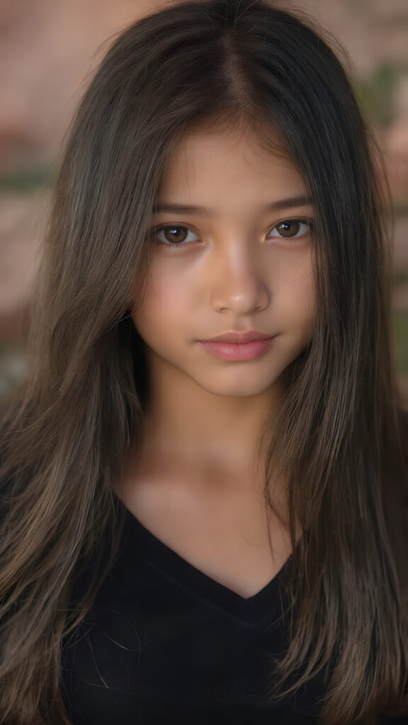 a (((very young, petite and cute teen girl))), with ((super long, jet black hair, straight and smooth hair, with no bangs or fringe))), that softly floats in the air and cascades down her back in a sleek, sexy and sophisticated ((black mini low-cut v-neck T-shirt)) with a sheer, shimmering and alluring finish. Her cheeks are rosy with happiness, her eyes sparkle like emeralds, giving off an innocent yet playful vibe. The scene exudes a youthful, happy and sexy atmosphere, perfect for a summer day with a special emphasis on the sensual power of a warm, inviting sun