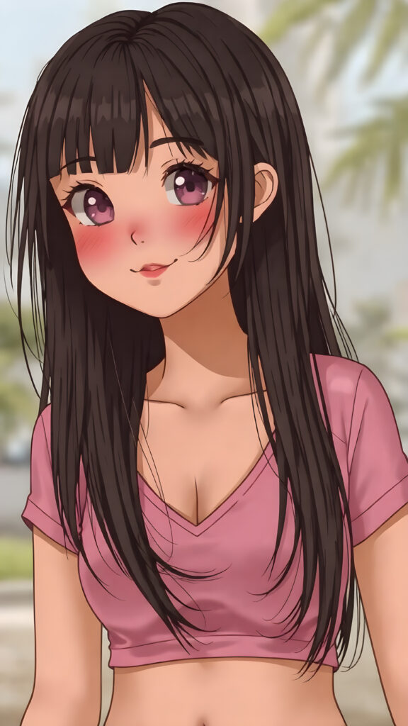 a (((very young, petite and cute busty teen e-girl))), with ((long, jet black hair, straight and smooth hair, with bangs)), that softly floats in the air and cascades down her back in a sleek, sexy and sophisticated ((pink mini low-cut v-neck T-shirt)) with a sheer, shimmering and alluring finish. Her cheeks are rosy with happiness, her eyes sparkle like emeralds, giving off an innocent yet playful vibe. The scene exudes a youthful, happy and sexy atmosphere, perfect for a summer day with a special emphasis on the sensual power of a warm, inviting sun