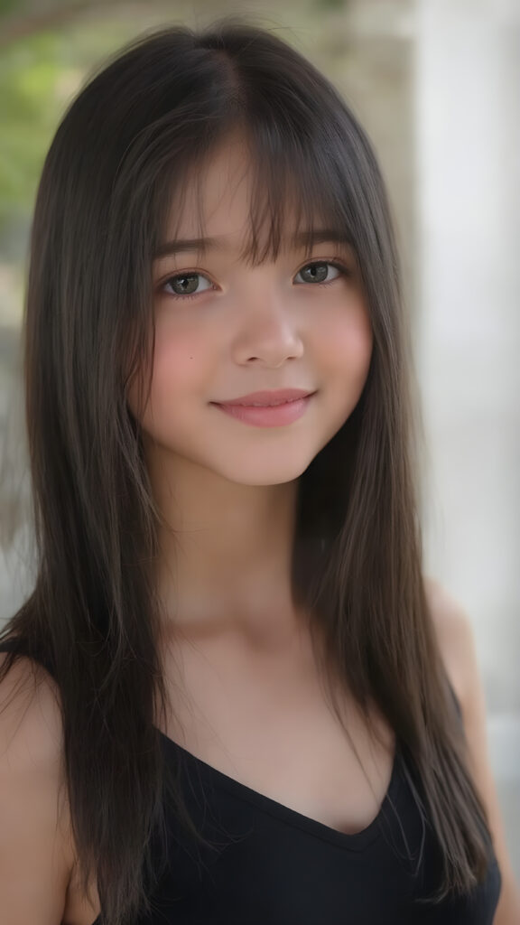 a (((very young, petite and cute teen girl))), with ((super long, jet black hair, straight and smooth hair, with no bangs or fringe))), that softly floats in the air and cascades down her back in a sleek, sexy and sophisticated ((black mini low-cut v-neck T-shirt)) with a sheer, shimmering and alluring finish. Her cheeks are rosy with happiness, her eyes sparkle like emeralds, giving off an innocent yet playful vibe. The scene exudes a youthful, happy and sexy atmosphere, perfect for a summer day with a special emphasis on the sensual power of a warm, inviting sun