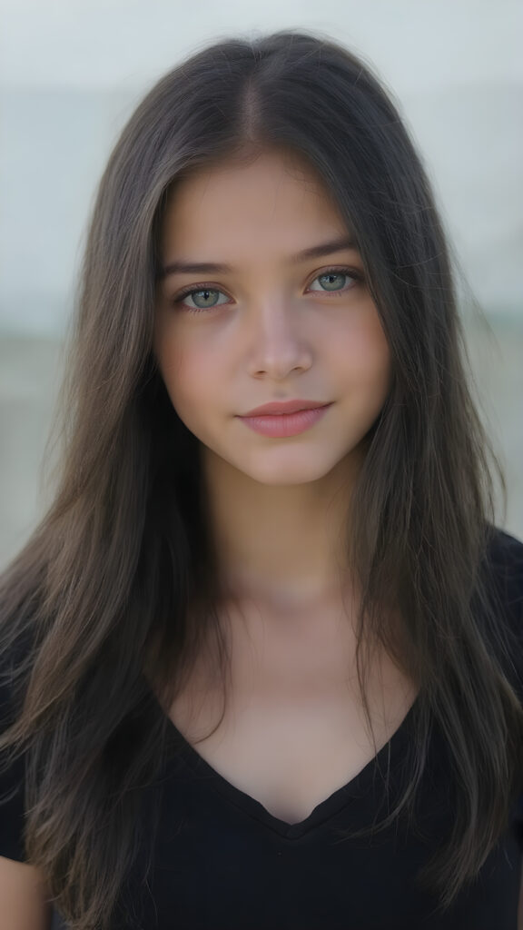 a (((very young, petite and cute teen girl))), with ((super long, jet black hair, straight and smooth hair, with no bangs or fringe))), that softly floats in the air and cascades down her back in a sleek, sexy and sophisticated ((black mini low-cut v-neck T-shirt)) with a sheer, shimmering and alluring finish. Her cheeks are rosy with happiness, her eyes sparkle like emeralds, giving off an innocent yet playful vibe. The scene exudes a youthful, happy and sexy atmosphere, perfect for a summer day with a special emphasis on the sensual power of a warm, inviting sun