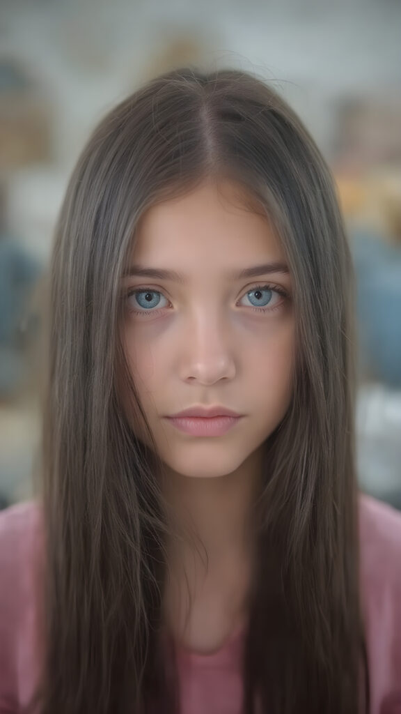a (((very young, petite and cute teen girl))), with ((super long, jet black hair, straight and smooth soft hair, detailed face, super realistic blue eyes, centered portrait, full face