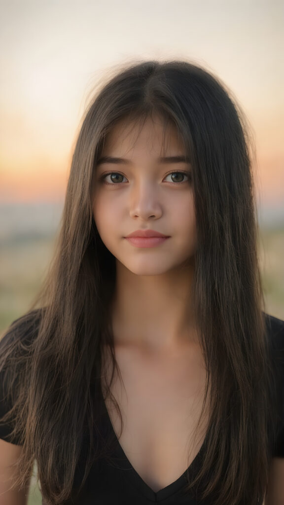 a (((very young, petite and cute teen girl))), with ((super long, jet black hair, straight and smooth hair, with no bangs or fringe))), that softly floats in the air and cascades down her back in a sleek, sexy and sophisticated ((black mini low-cut v-neck T-shirt)) with a sheer, shimmering and alluring finish. Her cheeks are rosy with happiness, her eyes sparkle like emeralds, giving off an innocent yet playful vibe. The scene exudes a youthful, happy and sexy atmosphere, perfect for a summer day with a special emphasis on the sensual power of a warm, inviting sun