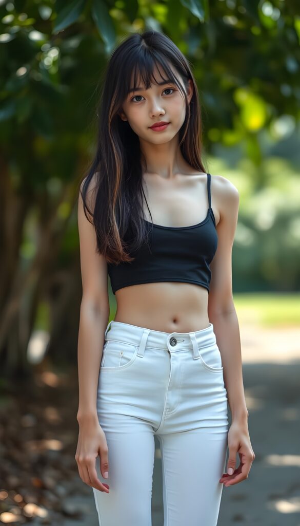 a (((very young, slim teen girl))), with long, straight black hair and light brown highlights to her hip, and a delicate, ((thin and toned body)), adorned with sleek, (((white skinny jeans))), paired with a (((black sleeveless thin strap cropped spaghetti top))), that accentuates her slender figure. Her face is (((pale and flawless))), with (((bright white skin))), rosy cheeks and (((natural looking eyes))). She is exuding an air of youthful confidence and (natural beauty). (((Full body view))) of her looking happy and playful, set against a natural and (high-resolution) backdrop, showcasing her full figure and (((straight and toned legs))) that are distinctly visible, she stands in front of the viewer