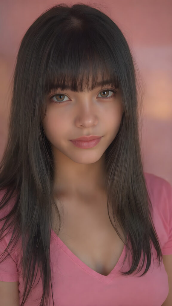 a (((very young, petite and cute busty teen e-girl))), with ((long, jet black hair, straight and smooth hair, with bangs)), that softly floats in the air and cascades down her back in a sleek, sexy and sophisticated ((pink mini low-cut v-neck T-shirt)) with a sheer, shimmering and alluring finish. Her cheeks are rosy with happiness, her eyes sparkle like emeralds, giving off an innocent yet playful vibe. The scene exudes a youthful, happy and sexy atmosphere, perfect for a summer day with a special emphasis on the sensual power of a warm, inviting sun
