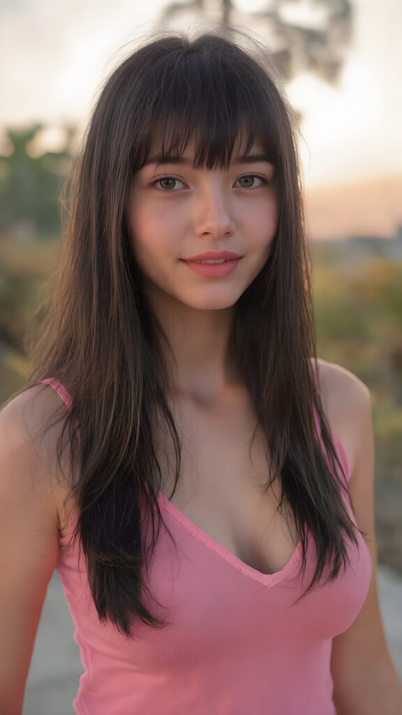 a (((very young, petite and cute busty teen e-girl))), with ((long, jet black hair, straight and smooth hair, with bangs)), that softly floats in the air and cascades down her back in a sleek, sexy and sophisticated ((pink mini low-cut v-neck T-shirt)) with a sheer, shimmering and alluring finish. Her cheeks are rosy with happiness, her eyes sparkle like emeralds, giving off an innocent yet playful vibe. The scene exudes a youthful, happy and sexy atmosphere, perfect for a summer day with a special emphasis on the sensual power of a warm, inviting sun